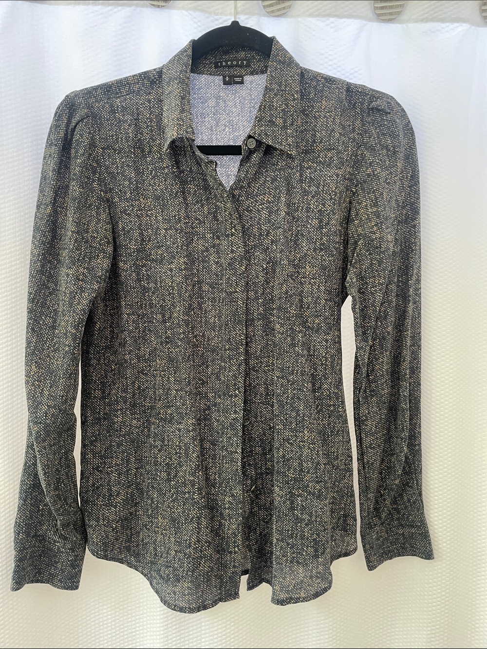 Theory Navy Blue Fleck Button-Down Shirt 100% Silk